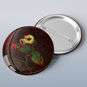 Photo of a button with art of the Pokémon Bellsprout as an undead zombie plant.