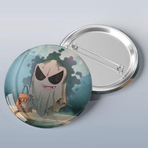 Photo of a button with art of the ghost Pokémon Ghastly dressed as a sheet ghost for Halloween trick or treating.