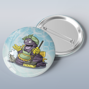 Photo of a button with art of the Pokémon Grimer dressed as a maid and moping the floor.