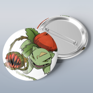 Photo of a button with art of the Pokémon Ivysaur styled to look like Poison Ivy from DC's Batman comics.