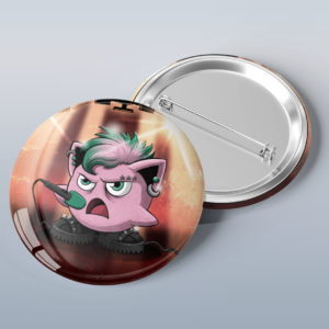 Photo of a button with art of the Pokémon Jigglypuff wearing piercings and big boots while singing punk rock into a microphone.
