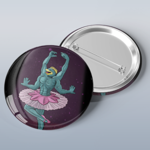 Photo of a button with art of the Pokémon Machamp dressed as a ballerina.