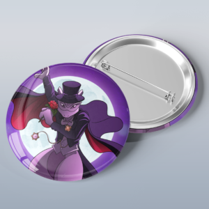 Photo of a button with art of the Pokémon Mewtwo dressed and Tuxedo Mask from Sailor Moon, holding a rose in front of a full moon.