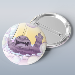 Photo of a button with art of the Pokémon Muk happily taking a bubble bath.