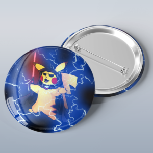 Photo of a button with art of the Pokémon Pikachu as a as a Sith from Star Wars, shooting lightning from his paw and holding a red light saber.